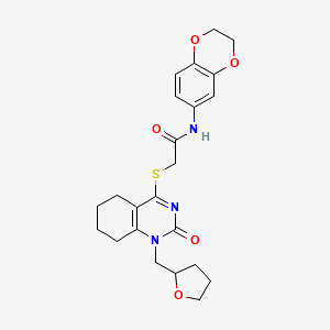 molecular formula C23H27N3O5S B2513427 N-(2,3-二氢苯并[b][1,4]二噁英-6-基)-2-((2-氧代-1-((四氢呋喃-2-基)甲基)-1,2,5,6,7,8-六氢喹唑啉-4-基)硫代)乙酰胺 CAS No. 899993-51-2