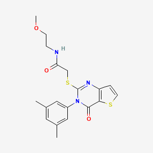 molecular formula C19H21N3O3S2 B2513456 2-{[3-(3,5-dimethylphenyl)-4-oxo-3,4-dihydrothieno[3,2-d]pyrimidin-2-yl]sulfanyl}-N-(2-methoxyethyl)acetamide CAS No. 1260936-03-5