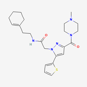 molecular formula C23H31N5O2S B2513479 N-(2-(cyclohex-1-en-1-yl)ethyl)-2-(3-(4-methylpiperazine-1-carbonyl)-5-(thiophen-2-yl)-1H-pyrazol-1-yl)acetamide CAS No. 1172843-62-7