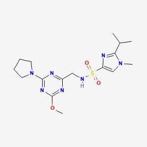 molecular formula C16H25N7O3S B2513491 2-isopropyl-N-((4-methoxy-6-(pyrrolidin-1-yl)-1,3,5-triazin-2-yl)methyl)-1-methyl-1H-imidazole-4-sulfonamide CAS No. 2034540-74-2