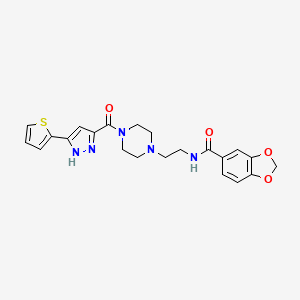 N-(2-(4-(3-(thiophen-2-yl)-1H-pyrazole-5-carbonyl)piperazin-1-yl)ethyl)benzo[d][1,3]dioxole-5-carboxamide