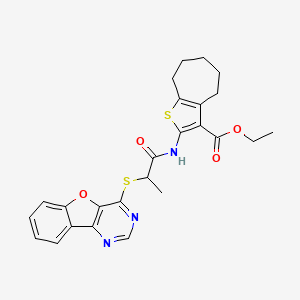 molecular formula C25H25N3O4S2 B2513556 ethyl 2-(2-(benzofuro[3,2-d]pyrimidin-4-ylthio)propanamido)-5,6,7,8-tetrahydro-4H-cyclohepta[b]thiophene-3-carboxylate CAS No. 851130-36-4