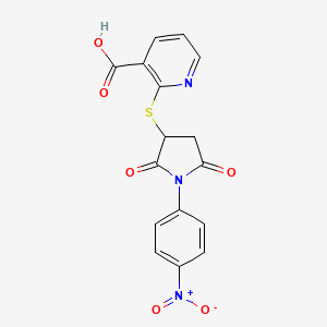 molecular formula C16H11N3O6S B2513568 2-{[1-(4-Nitrophenyl)-2,5-dioxopyrrolidin-3-yl]sulfanyl}pyridine-3-carboxylic acid CAS No. 308293-33-6