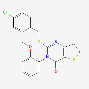 molecular formula C20H17ClN2O2S2 B2513579 2-((4-chlorobenzyl)thio)-3-(2-methoxyphenyl)-6,7-dihydrothieno[3,2-d]pyrimidin-4(3H)-one CAS No. 850915-45-6