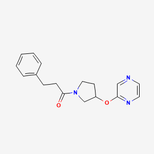 molecular formula C17H19N3O2 B2513582 3-Phenyl-1-(3-(pyrazin-2-yloxy)pyrrolidin-1-yl)propan-1-one CAS No. 2034250-77-4