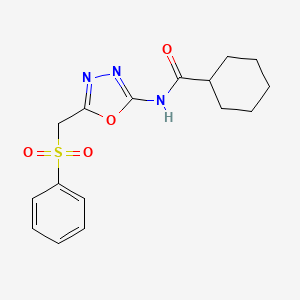 molecular formula C16H19N3O4S B2513602 N-(5-((phenylsulfonyl)methyl)-1,3,4-oxadiazol-2-yl)cyclohexanecarboxamide CAS No. 922450-88-2