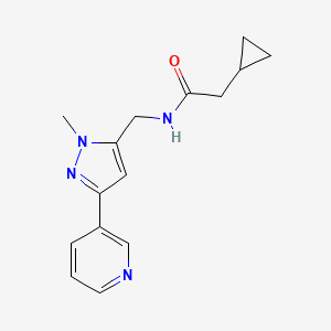 molecular formula C15H18N4O B2513611 2-环丙基-N-((1-甲基-3-(吡啶-3-基)-1H-吡唑-5-基)甲基)乙酰胺 CAS No. 2034511-20-9