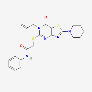 molecular formula C22H25N5O2S2 B2513724 2-[(6-allyl-7-oxo-2-piperidino-6,7-dihydro[1,3]thiazolo[4,5-d]pyrimidin-5-yl)sulfanyl]-N~1~-(2-methylphenyl)acetamide CAS No. 1206989-42-5
