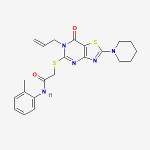 molecular formula C22H25N5O2S2 B2513724 N-(2-methylphenyl)-2-{[7-oxo-2-(piperidin-1-yl)-6-(prop-2-en-1-yl)-6H,7H-[1,3]thiazolo[4,5-d]pyrimidin-5-yl]sulfanyl}acetamide CAS No. 1206989-42-5