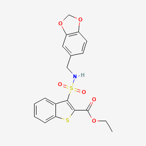 molecular formula C19H17NO6S2 B2513769 3-（[(1,3-苯并二氧杂环-5-基甲基）氨基]磺酰基）-1-苯并噻吩-2-甲酸乙酯 CAS No. 932465-11-7