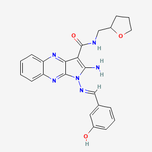 molecular formula C23H22N6O3 B2513890 (E)-2-amino-1-((3-hydroxybenzylidene)amino)-N-((tetrahydrofuran-2-yl)methyl)-1H-pyrrolo[2,3-b]quinoxaline-3-carboxamide CAS No. 835910-62-8