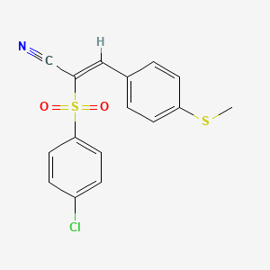 molecular formula C16H12ClNO2S2 B2513942 (Z)-2-(4-chlorophenyl)sulfonyl-3-(4-methylsulfanylphenyl)prop-2-enenitrile CAS No. 556023-24-6