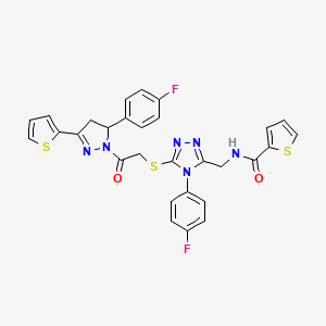 molecular formula C29H22F2N6O2S3 B2513969 N-[[4-(4-fluorophenyl)-5-[2-[3-(4-fluorophenyl)-5-thiophen-2-yl-3,4-dihydropyrazol-2-yl]-2-oxoethyl]sulfanyl-1,2,4-triazol-3-yl]methyl]thiophene-2-carboxamide CAS No. 362507-86-6