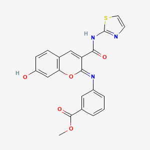 molecular formula C21H15N3O5S B2513983 methyl 3-{[(2Z)-7-hydroxy-3-(1,3-thiazol-2-ylcarbamoyl)-2H-chromen-2-ylidene]amino}benzoate CAS No. 1327171-86-7