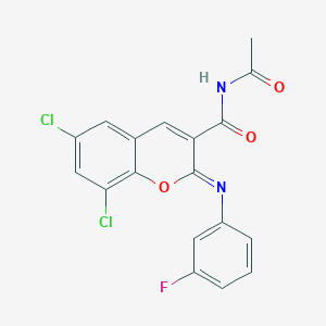 (2Z)-N-acetyl-6,8-dichloro-2-[(3-fluorophenyl)imino]-2H-chromene-3-carboxamide