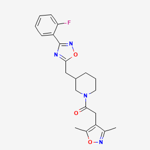molecular formula C21H23FN4O3 B2514000 2-(3,5-Dimethylisoxazol-4-yl)-1-(3-((3-(2-fluorophenyl)-1,2,4-oxadiazol-5-yl)methyl)piperidin-1-yl)ethanone CAS No. 1706316-21-3