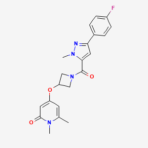 molecular formula C21H21FN4O3 B2514012 4-((1-(3-(4-fluorophenyl)-1-methyl-1H-pyrazole-5-carbonyl)azetidin-3-yl)oxy)-1,6-dimethylpyridin-2(1H)-one CAS No. 2034273-32-8