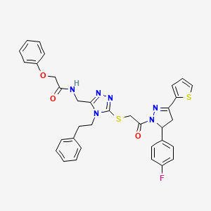 molecular formula C34H31FN6O3S2 B2514057 N-((5-((2-(5-(4-氟苯基)-3-(噻吩-2-基)-4,5-二氢-1H-吡唑-1-基)-2-氧代乙基)硫代)-4-苯乙基-4H-1,2,4-三唑-3-基)甲基)-2-苯氧基乙酰胺 CAS No. 393783-67-0