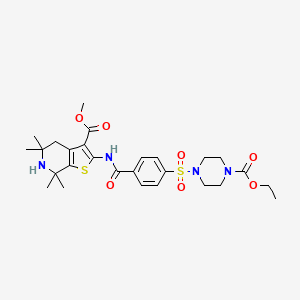 molecular formula C27H36N4O7S2 B2514080 Methyl 2-(4-((4-(ethoxycarbonyl)piperazin-1-yl)sulfonyl)benzamido)-5,5,7,7-tetramethyl-4,5,6,7-tetrahydrothieno[2,3-c]pyridine-3-carboxylate CAS No. 489471-22-9