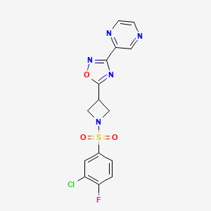 molecular formula C15H11ClFN5O3S B2514149 5-(1-((3-Chloro-4-fluorophenyl)sulfonyl)azetidin-3-yl)-3-(pyrazin-2-yl)-1,2,4-oxadiazole CAS No. 1327575-27-8