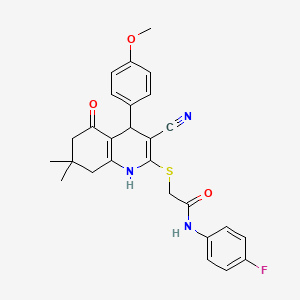 molecular formula C27H26FN3O3S B2514162 2-{[3-cyano-4-(4-methoxyphenyl)-7,7-dimethyl-5-oxo-1,4,5,6,7,8-hexahydroquinolin-2-yl]sulfanyl}-N-(4-fluorophenyl)acetamide CAS No. 370852-97-4