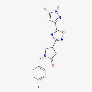 molecular formula C17H16FN5O2 B2514268 1-(4-fluorobenzyl)-4-[5-(3-methyl-1H-pyrazol-5-yl)-1,2,4-oxadiazol-3-yl]pyrrolidin-2-one CAS No. 1189242-23-6