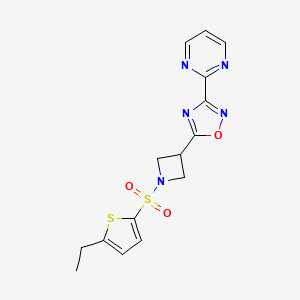 molecular formula C15H15N5O3S2 B2514305 5-(1-((5-Ethylthiophen-2-yl)sulfonyl)azetidin-3-yl)-3-(pyrimidin-2-yl)-1,2,4-oxadiazole CAS No. 1324679-51-7