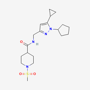 molecular formula C19H30N4O3S B2514378 N-((1-环戊基-5-环丙基-1H-吡唑-3-基)甲基)-1-(甲磺酰基)哌啶-4-甲酰胺 CAS No. 1448079-10-4
