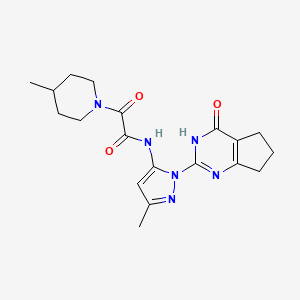 molecular formula C19H24N6O3 B2514407 N-(3-methyl-1-(4-oxo-4,5,6,7-tetrahydro-3H-cyclopenta[d]pyrimidin-2-yl)-1H-pyrazol-5-yl)-2-(4-methylpiperidin-1-yl)-2-oxoacetamide CAS No. 1014069-14-7