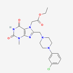 molecular formula C21H25ClN6O4 B2514438 乙酸2-[8-[[4-(3-氯苯基)哌嗪-1-基]甲基]-3-甲基-2,6-二氧嘌呤-7-基] CAS No. 847409-42-1