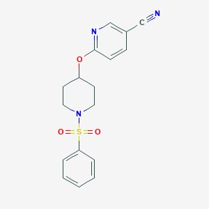 molecular formula C17H17N3O3S B2514454 6-((1-(Phenylsulfonyl)piperidin-4-yl)oxy)nicotinonitrile CAS No. 1428375-79-4