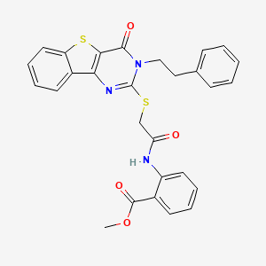 molecular formula C28H23N3O4S2 B2514487 Methyl 2-[({[4-oxo-3-(2-phenylethyl)-3,4-dihydro[1]benzothieno[3,2-d]pyrimidin-2-yl]thio}acetyl)amino]benzoate CAS No. 866016-46-8