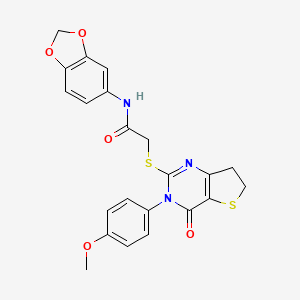 molecular formula C22H19N3O5S2 B2514525 N-(苯并[d][1,3]二氧杂环-5-基)-2-((3-(4-甲氧基苯基)-4-氧代-3,4,6,7-四氢噻吩并[3,2-d]嘧啶-2-基)硫代)乙酰胺 CAS No. 862806-45-9