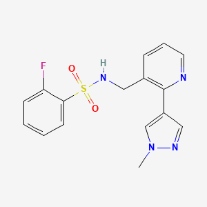 molecular formula C16H15FN4O2S B2514628 2-fluoro-N-((2-(1-methyl-1H-pyrazol-4-yl)pyridin-3-yl)methyl)benzenesulfonamide CAS No. 2034336-57-5