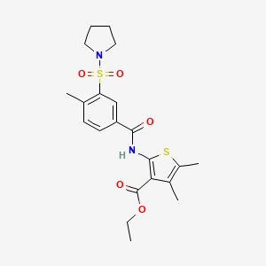 molecular formula C21H26N2O5S2 B2514632 4,5-二甲基-2-(4-甲基-3-(吡咯烷-1-磺酰基)苯甲酰胺)噻吩-3-羧酸乙酯 CAS No. 690246-90-3
