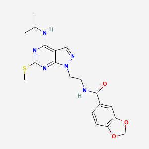 molecular formula C19H22N6O3S B2514635 N-(2-(4-(异丙氨基)-6-(甲硫基)-1H-吡唑并[3,4-d]嘧啶-1-基)乙基)苯并[d][1,3]二氧杂环-5-甲酰胺 CAS No. 941896-30-6