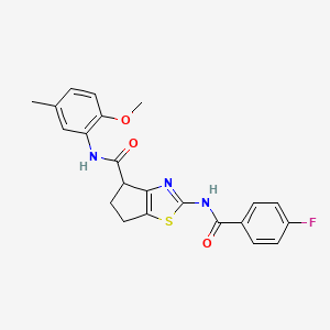 molecular formula C22H20FN3O3S B2514649 2-(4-fluorobenzamido)-N-(2-methoxy-5-methylphenyl)-5,6-dihydro-4H-cyclopenta[d]thiazole-4-carboxamide CAS No. 941926-48-3