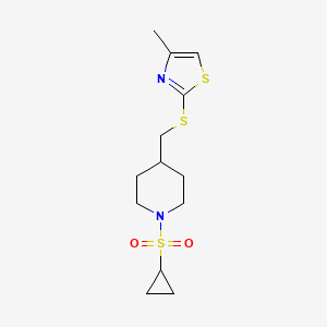molecular formula C13H20N2O2S3 B2514678 2-(((1-(Cyclopropylsulfonyl)piperidin-4-yl)methyl)thio)-4-methylthiazole CAS No. 1428375-60-3