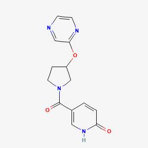 molecular formula C14H14N4O3 B2514691 5-(3-(pyrazin-2-yloxy)pyrrolidine-1-carbonyl)pyridin-2(1H)-one CAS No. 2034320-92-6