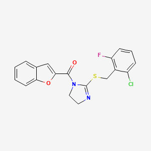 molecular formula C19H14ClFN2O2S B2514709 benzofuran-2-yl(2-((2-chloro-6-fluorobenzyl)thio)-4,5-dihydro-1H-imidazol-1-yl)methanone CAS No. 851803-10-6