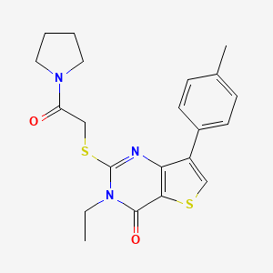 molecular formula C21H23N3O2S2 B2514755 3-ethyl-2-((2-oxo-2-(pyrrolidin-1-yl)ethyl)thio)-7-(p-tolyl)thieno[3,2-d]pyrimidin-4(3H)-one CAS No. 1207051-78-2