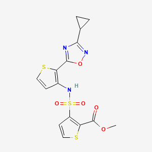 molecular formula C15H13N3O5S3 B2514781 methyl 3-(N-(2-(3-cyclopropyl-1,2,4-oxadiazol-5-yl)thiophen-3-yl)sulfamoyl)thiophene-2-carboxylate CAS No. 1706067-31-3