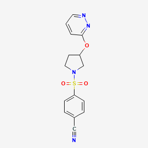 molecular formula C15H14N4O3S B2514916 4-((3-(Pyridazin-3-yloxy)pyrrolidin-1-yl)sulfonyl)benzonitrile CAS No. 2034481-64-4