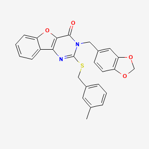 molecular formula C26H20N2O4S B2514938 3-(1,3-苯并二氧杂环-5-基甲基)-2-[(3-甲基苄基)硫烷基][1]苯并呋并[3,2-d]嘧啶-4(3H)-酮 CAS No. 1291842-65-3