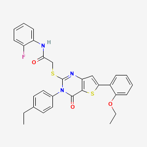 molecular formula C30H26FN3O3S2 B2514988 2-((6-(2-ethoxyphenyl)-3-(4-ethylphenyl)-4-oxo-3,4-dihydrothieno[3,2-d]pyrimidin-2-yl)thio)-N-(2-fluorophenyl)acetamide CAS No. 932975-52-5