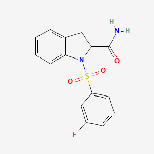 molecular formula C15H13FN2O3S B2514991 1-((3-フルオロフェニル)スルホニル)インドリン-2-カルボキサミド CAS No. 1100762-61-5