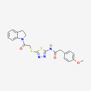 molecular formula C21H20N4O3S2 B2515000 N-(5-((2-(indolin-1-yl)-2-oxoethyl)thio)-1,3,4-thiadiazol-2-yl)-2-(4-methoxyphenyl)acetamide CAS No. 392300-64-0
