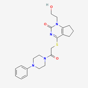 molecular formula C21H26N4O3S B2515019 1-(2-hydroxyethyl)-4-((2-oxo-2-(4-phenylpiperazin-1-yl)ethyl)thio)-6,7-dihydro-1H-cyclopenta[d]pyrimidin-2(5H)-one CAS No. 941887-92-9