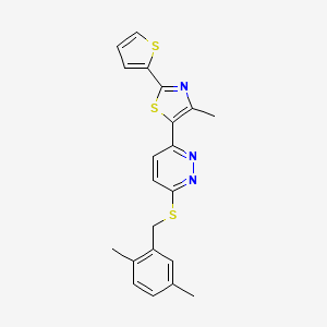 molecular formula C21H19N3S3 B2515110 5-(6-((2,5-Dimethylbenzyl)thio)pyridazin-3-yl)-4-methyl-2-(thiophen-2-yl)thiazole CAS No. 946360-68-5