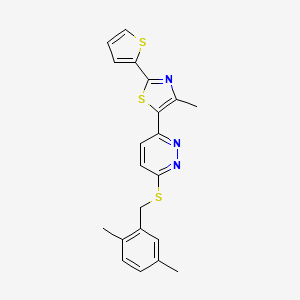 molecular formula C21H19N3S3 B2515110 5-(6-((2,5-ジメチルベンジル)チオ)ピリダジン-3-イル)-4-メチル-2-(チオフェン-2-イル)チアゾール CAS No. 946360-68-5